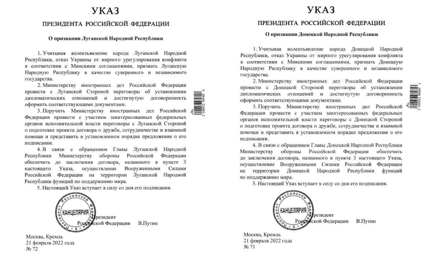 Putin: Russland erkennt Unabhängigkeit und Souveränität von DNR und LNR an
